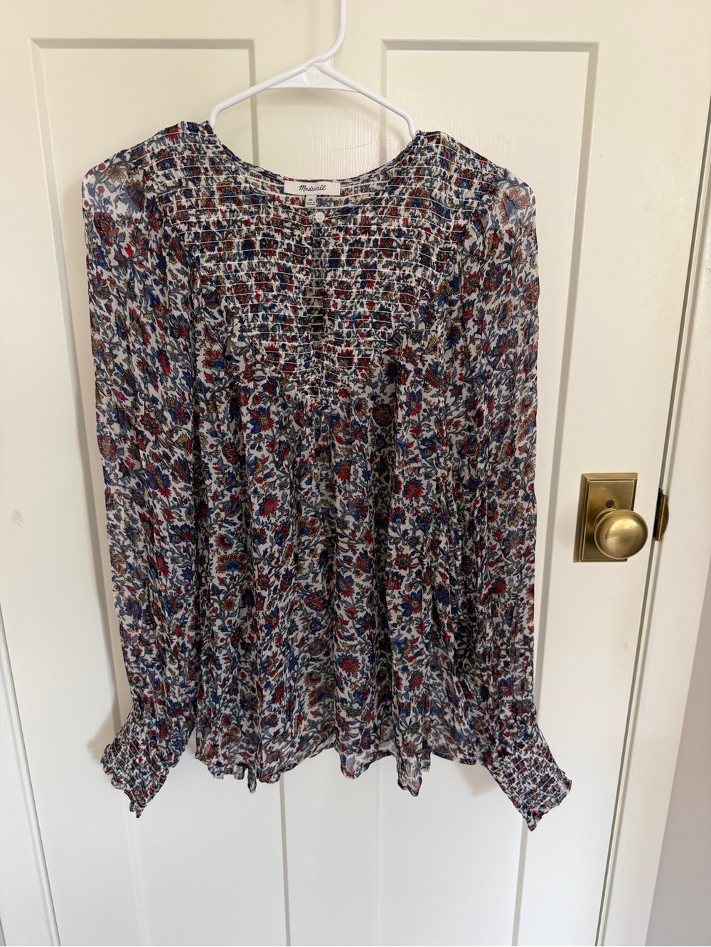 NWT Madewell Floral Smocked Long-Sleeve Blouse in Navy & Burgundy